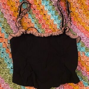 Motel Rocks Black Camisole with Pink Ruffle Trim